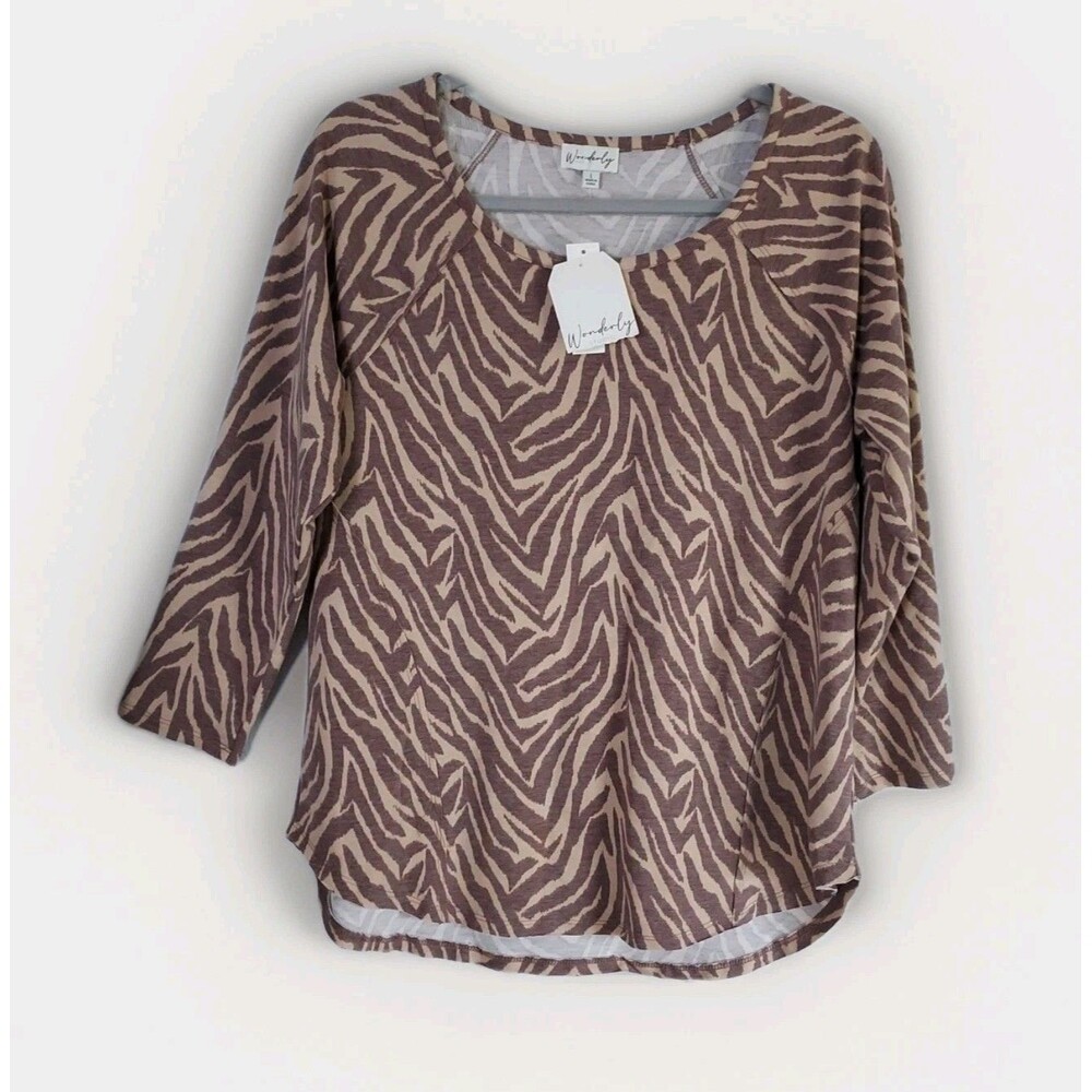 Wonderly Women's Tan Zebra Crew Neck Long Sleeve Blouse Size Large NEW